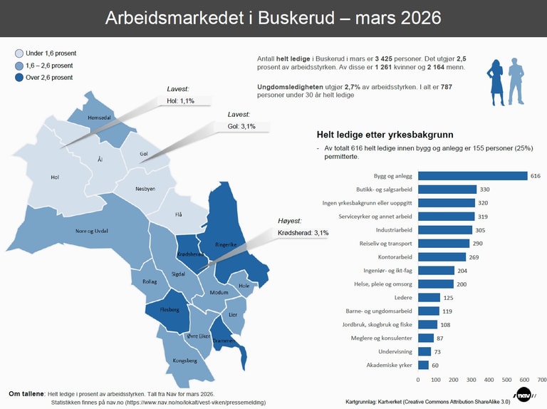 infografikk med kart over ledigheten i kommunene i Buskerud.